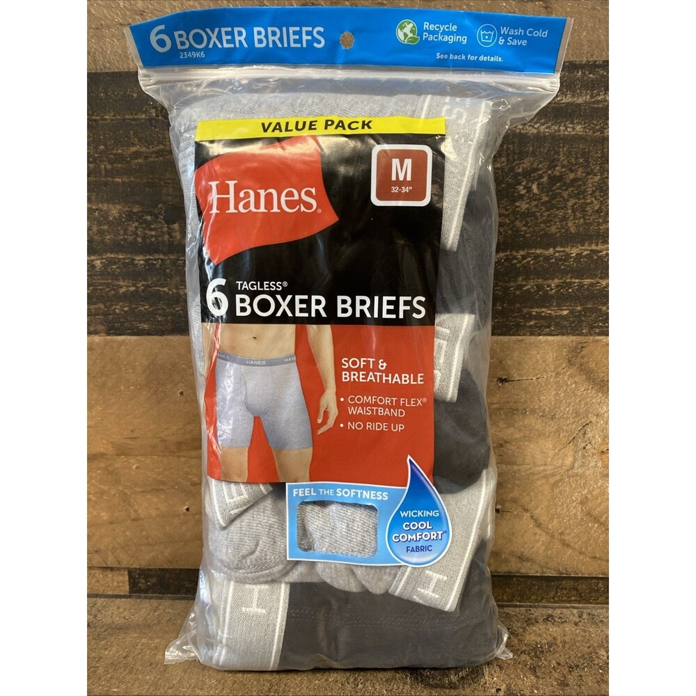 Hanes 6 pack Boxer Briefs Soft Breathable Size Medium 32-34" Comfort Flex New Op